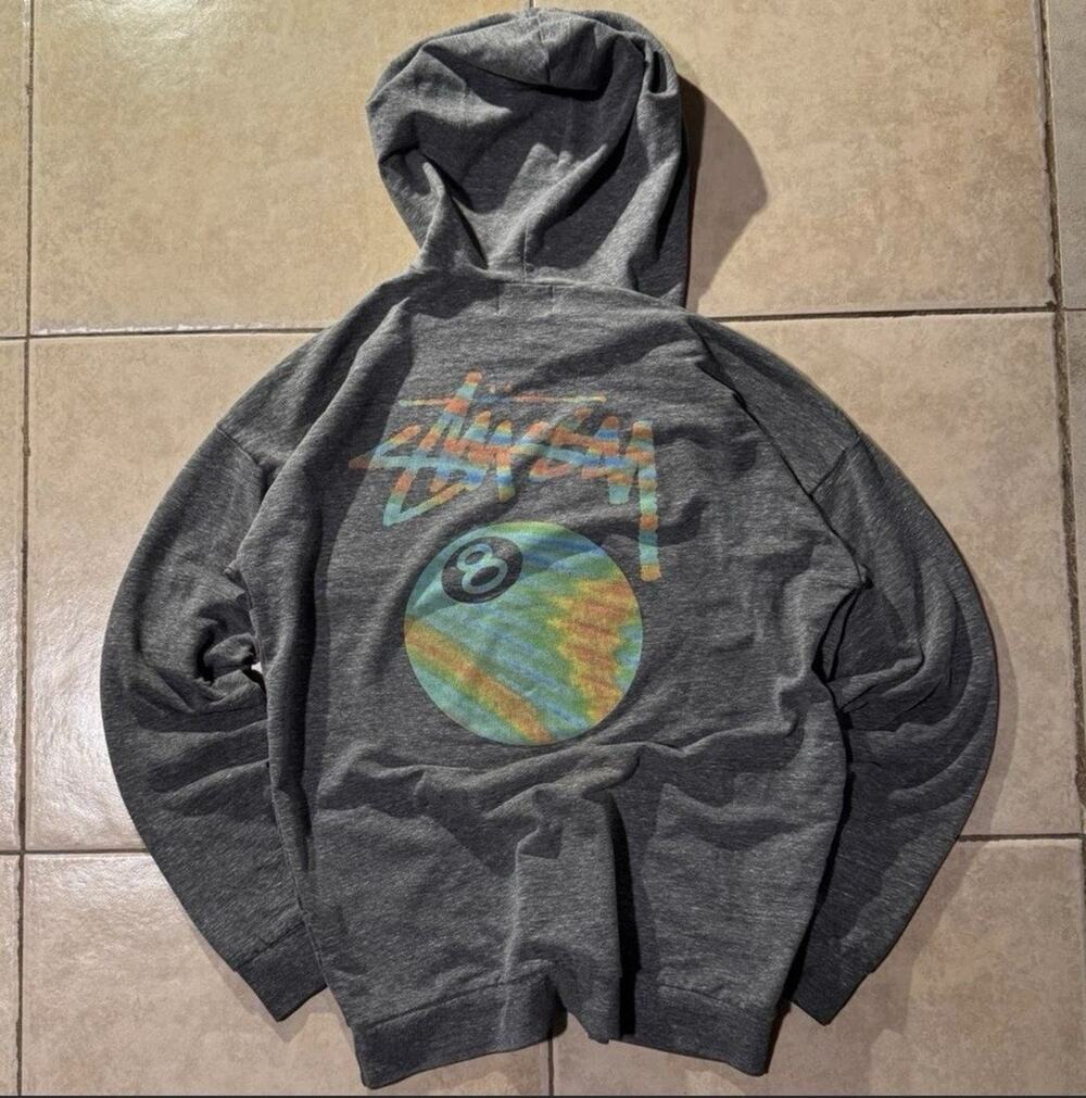 Stussy Men's Gray 8 Ball Graphic Pullover Hoodie Logo Pockets Size XS